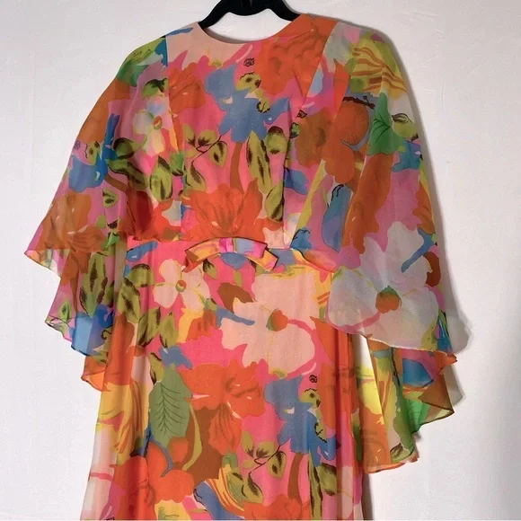 Vintage 60’s 70’s Orange Pink Blue Floral Capelet Chiffon Maxi Dress M Boho - Picture 5 of 16